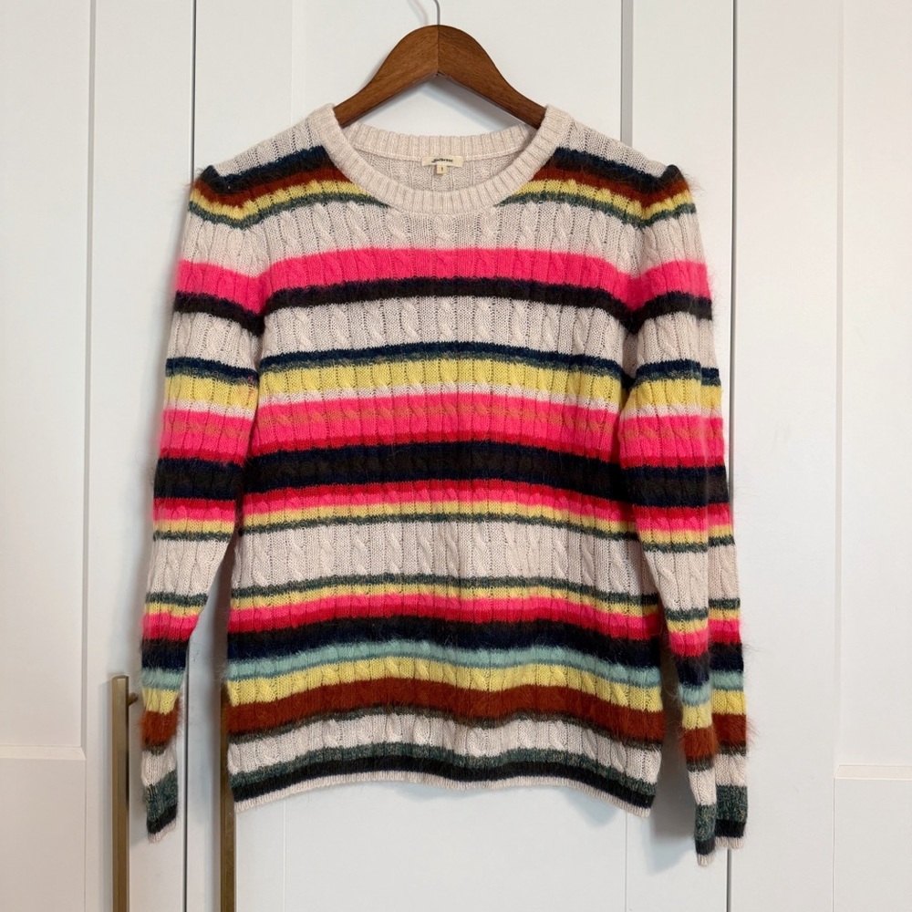 BELLEROSE Size 1 Wool Striped Print Textured Round Neck Sweater Cable Knit